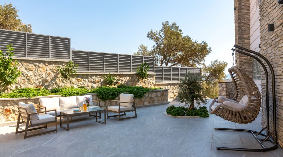 The Olive House rear of the villa furnished terraces Kalkan Turkey