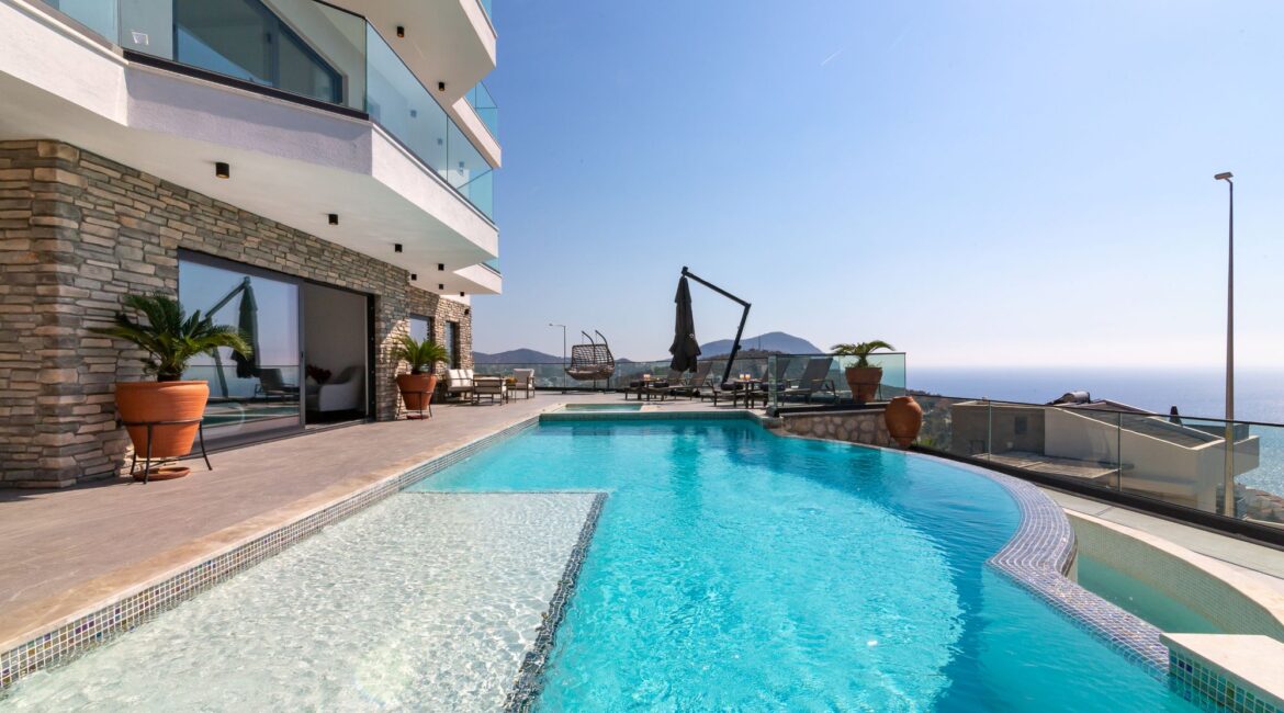 The Olive House swimming pool and sweeping terraces in Kalkan, Turkey
