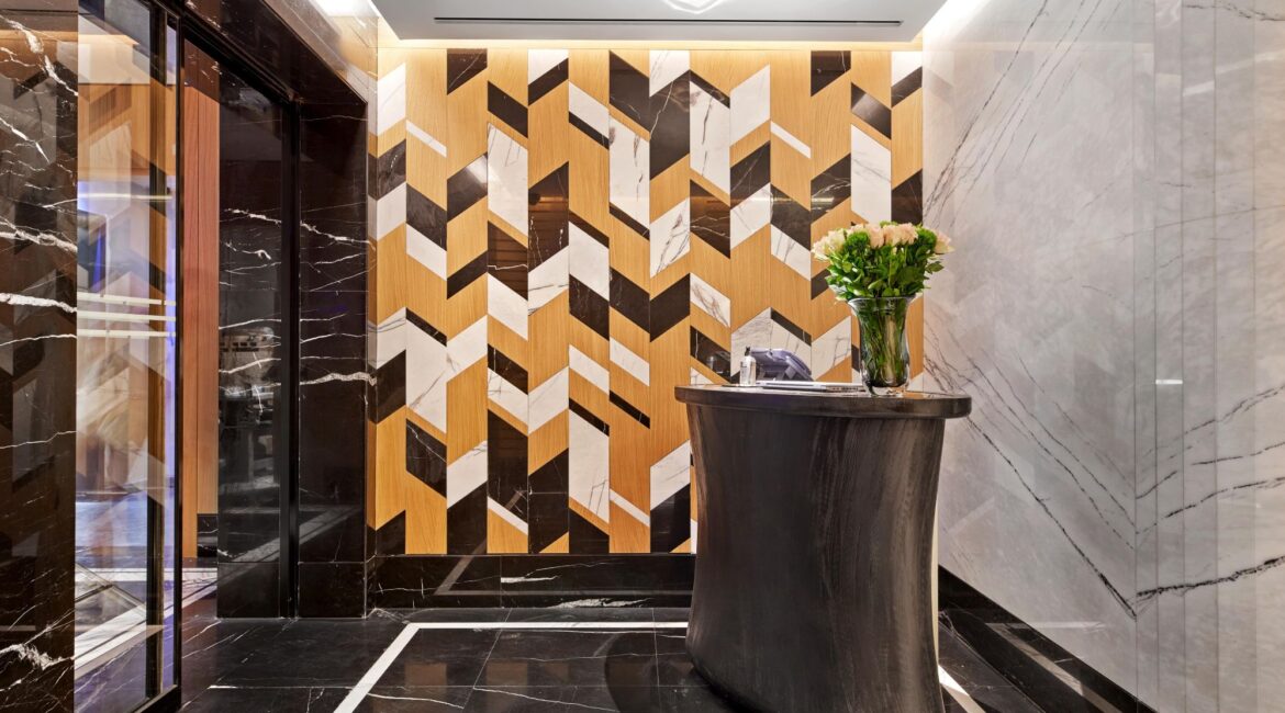 Sanitas Spa reception at Vakko Hotel & Residence Nisantasi Istanbul with marble flooring and geometric wall detailing