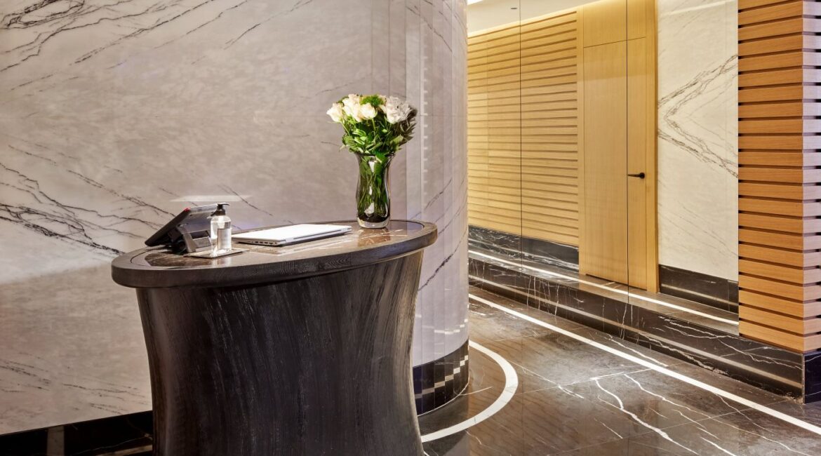 Spa welcome desk at Vakko Hotel & Residence Nisantasi Istanbul with marble interiors and contemporary design.