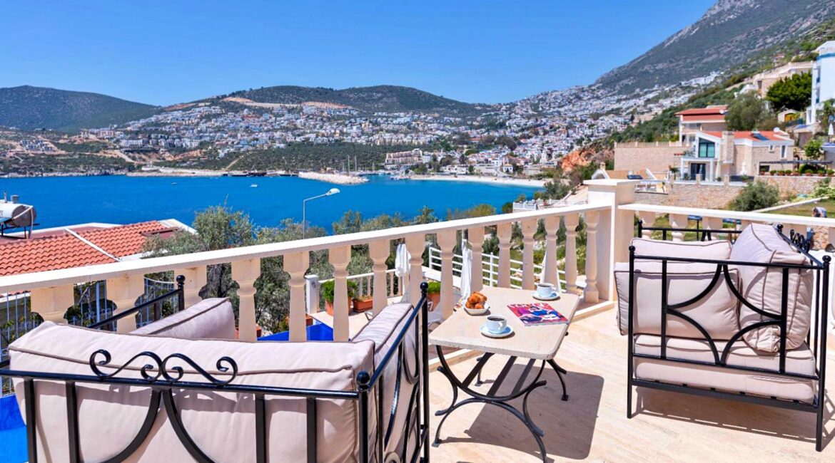 Sea view balcony at Villa Bahce Kalkan overlooking Kalkan bay.