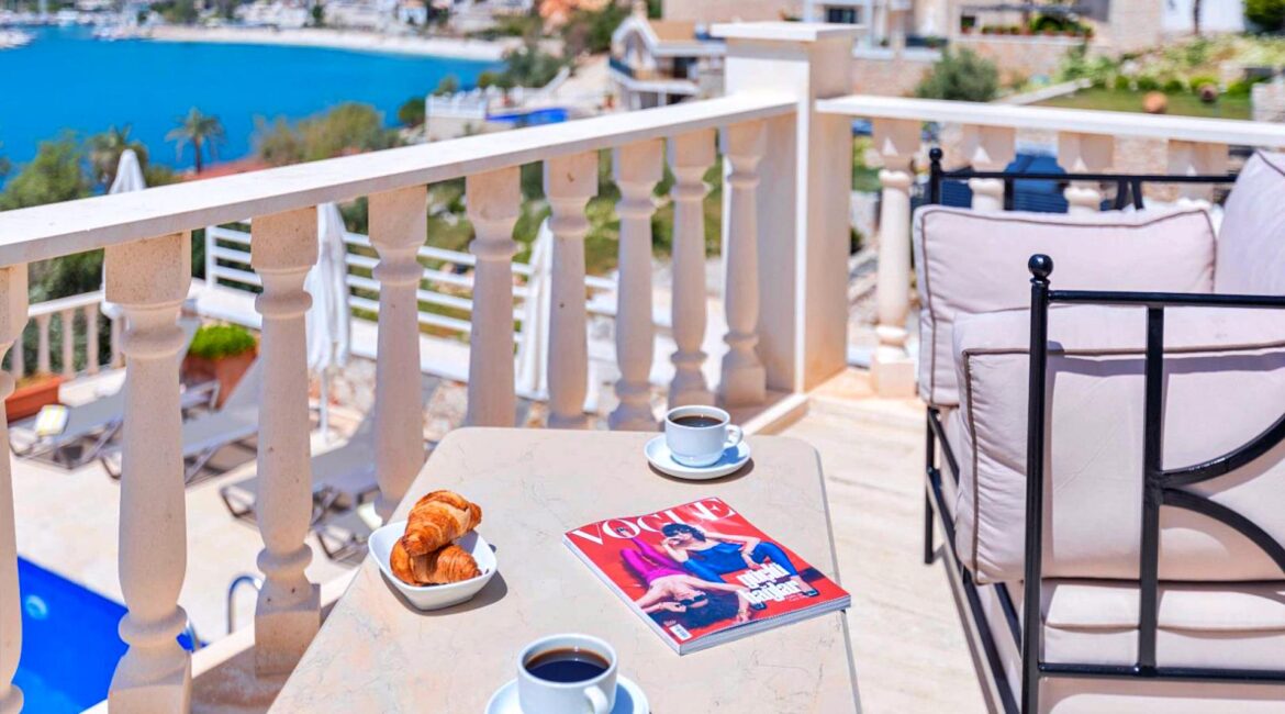 Sea-view balcony terrace at Villa Bahce Kalkan overlooking Kalkan bay