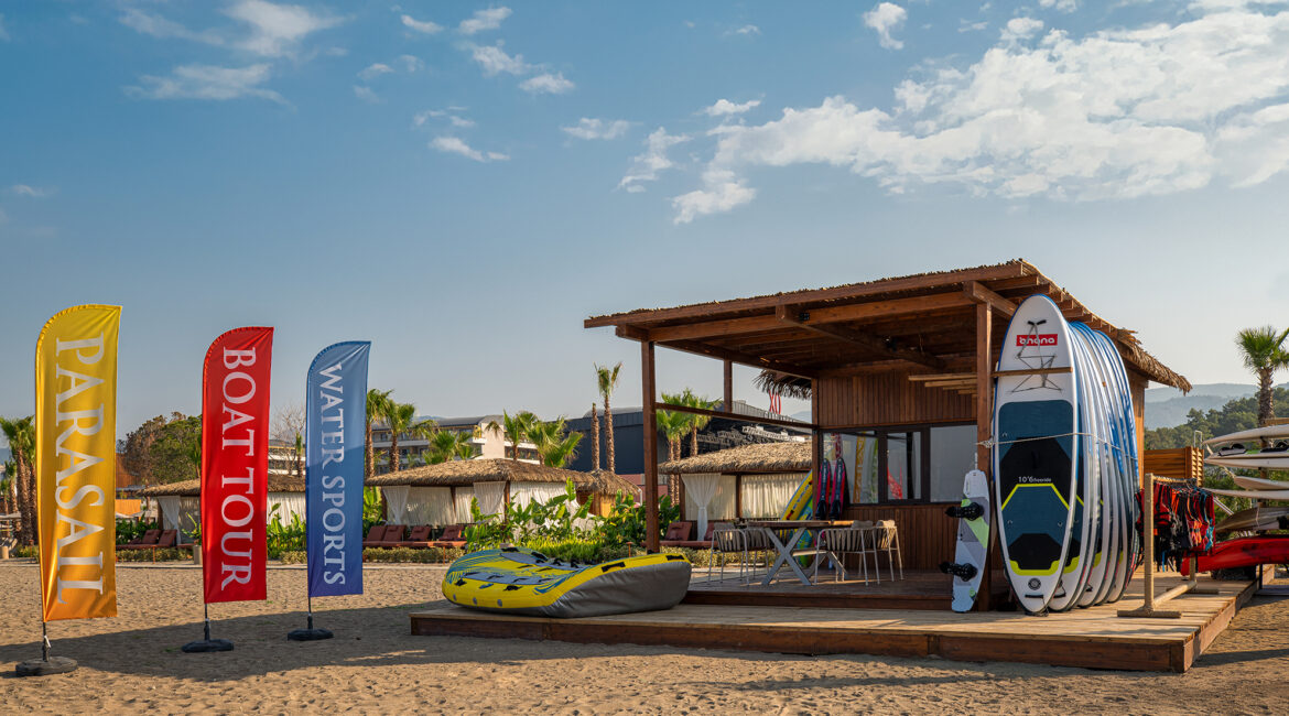 Watersports centre on the beach at XO Cape Arnna resort in Fethiye