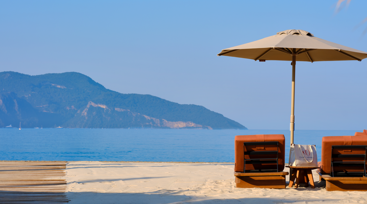 Beachfront terrace and sun loungers at XO Cape Arnna overlooking the Turquoise Coast