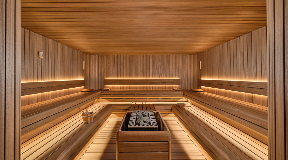 Wood-lined sauna at the spa facilities of XO Cape Arnna in Fethiye