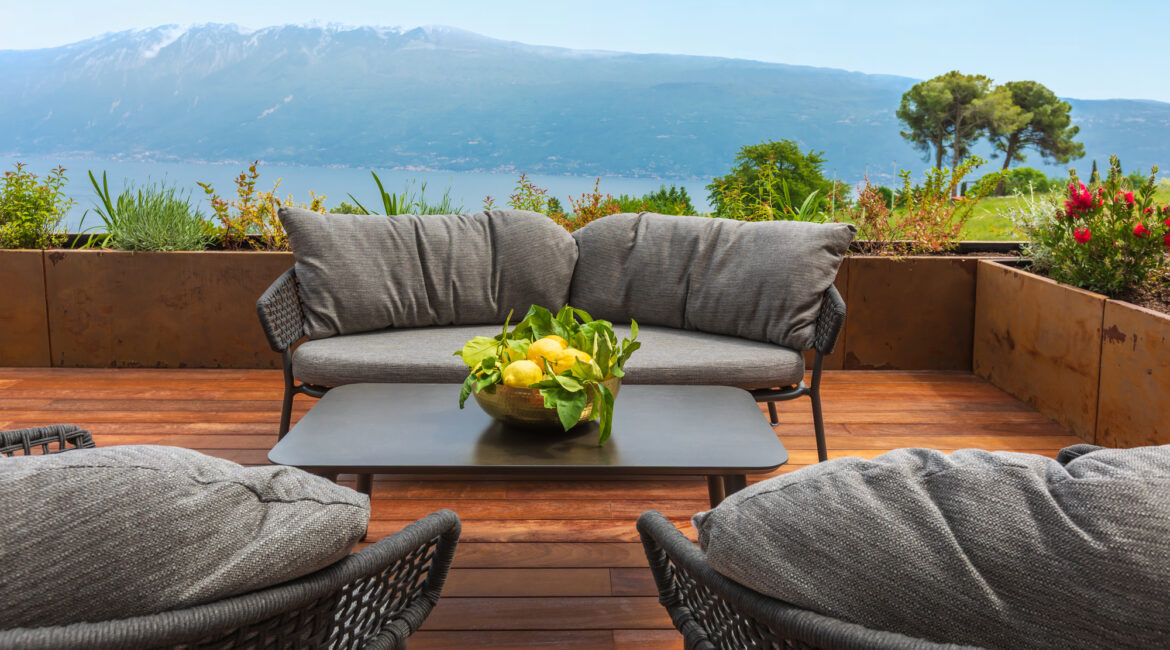 Beautiful decked terraces overlooking the lake at Villa Sostaga