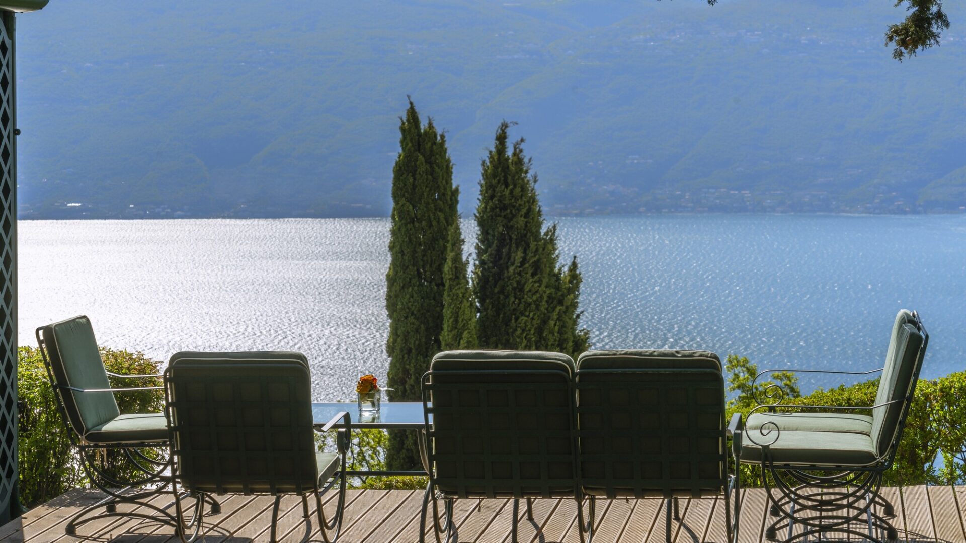 Decadent seating area overlooking Lake Garda at Villa Sostaga boutique hotel