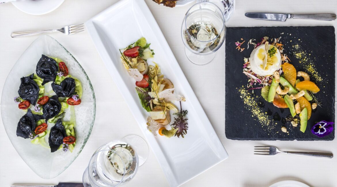 Elegant Italian dishes at the restaurant at Villa Sostaga overlooking Lake Garda