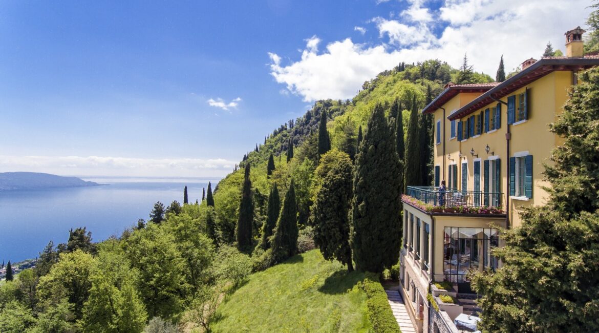 Exterior of Villa Sostaga boutique hotel overlooking Lake Garda above Gargnano