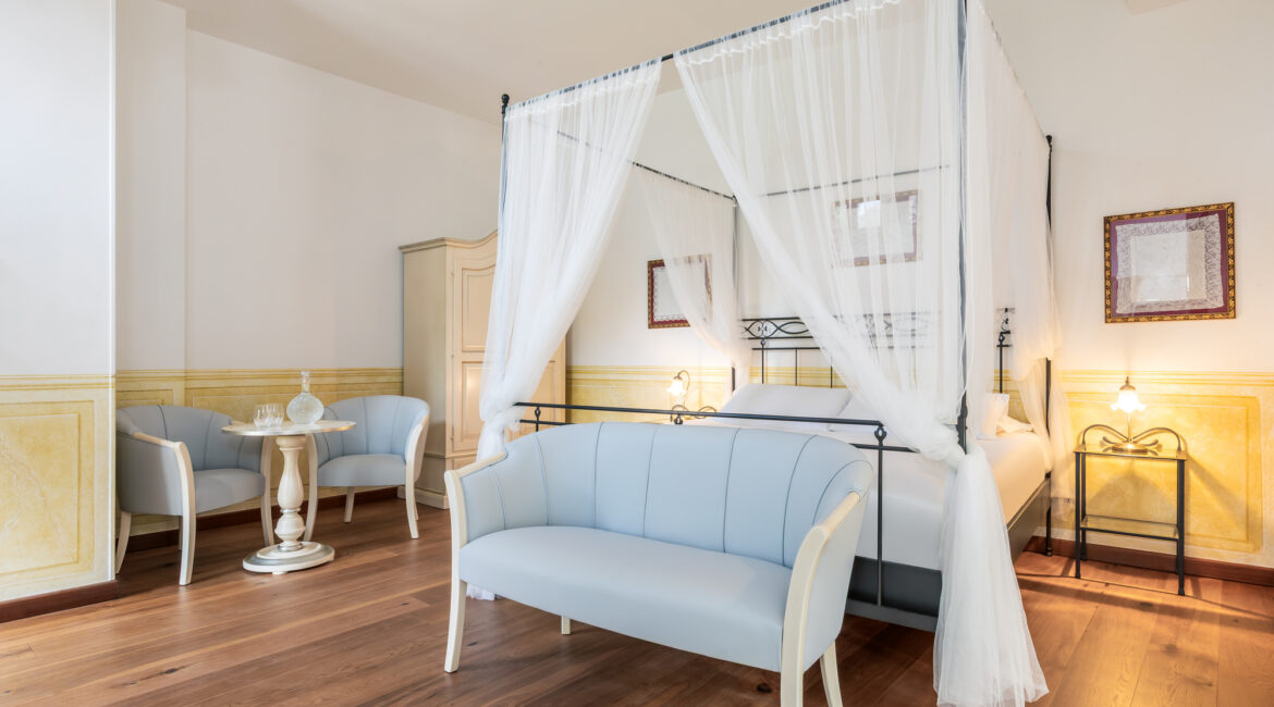 Romantic canopy bedroom suite at Villa Sostaga overlooking Lake Garda