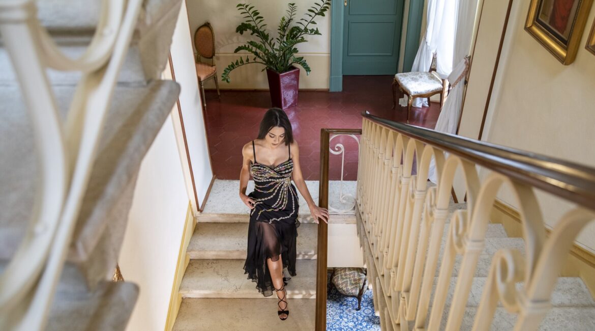 Staircase and elegant interior at Villa Sostaga boutique hotel in Gargnano