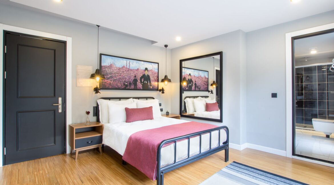 Premier room with private patio at Hotel Poem, Sultanahmet, Istanbul, with king-size bed and contemporary interiors