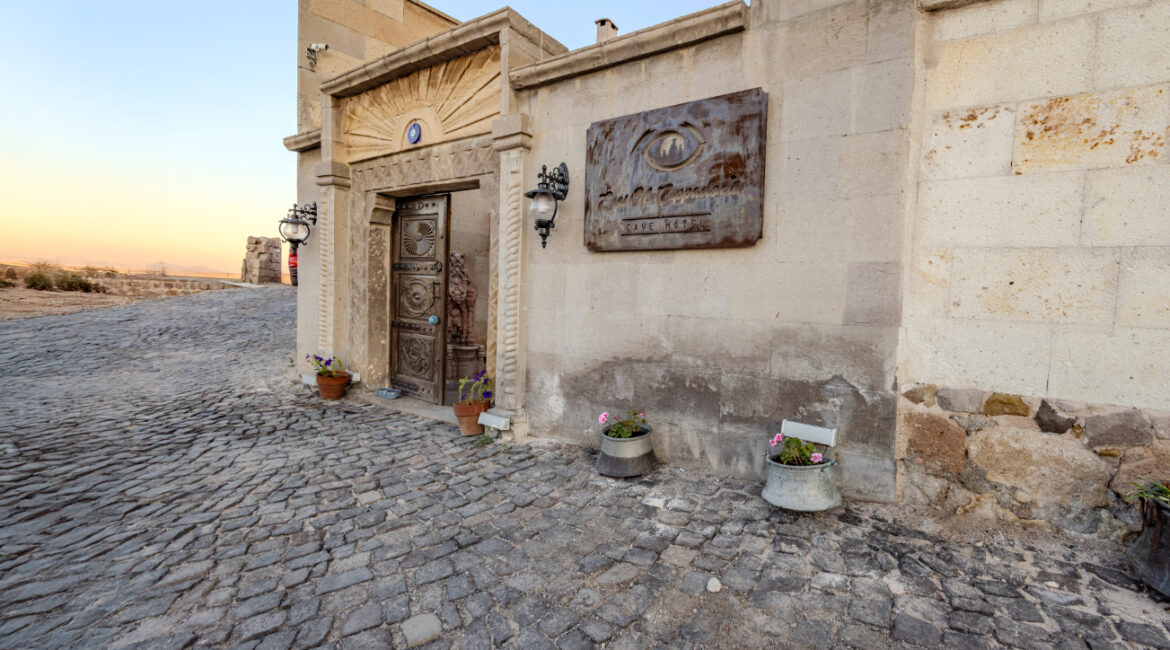 Exterior view of Eyes of Cappadocia with stone facade in Uchisar village