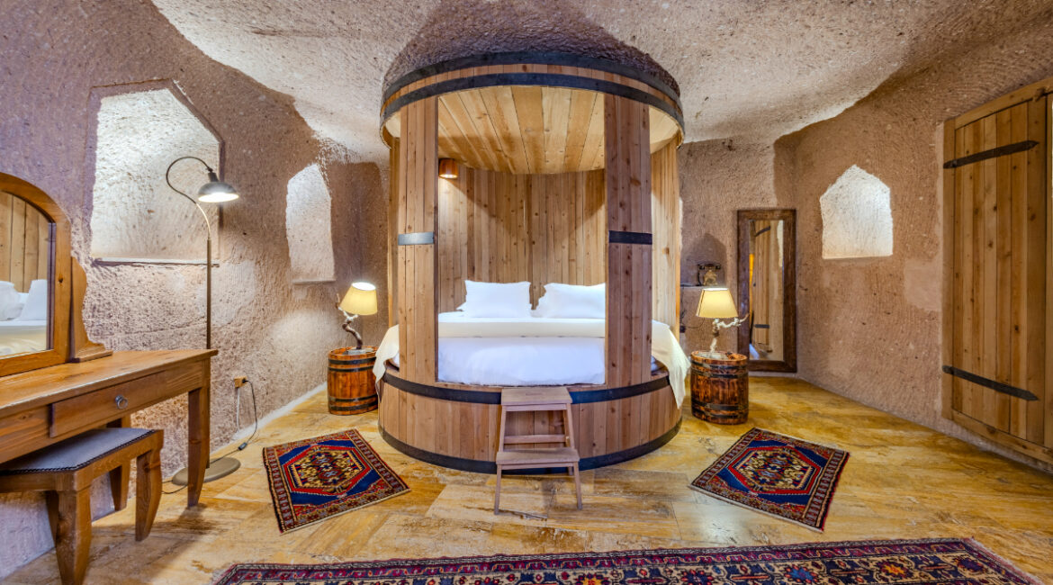 Cellar King Suite No 110 at Eyes of Cappadocia with circular bed and carved cave interior