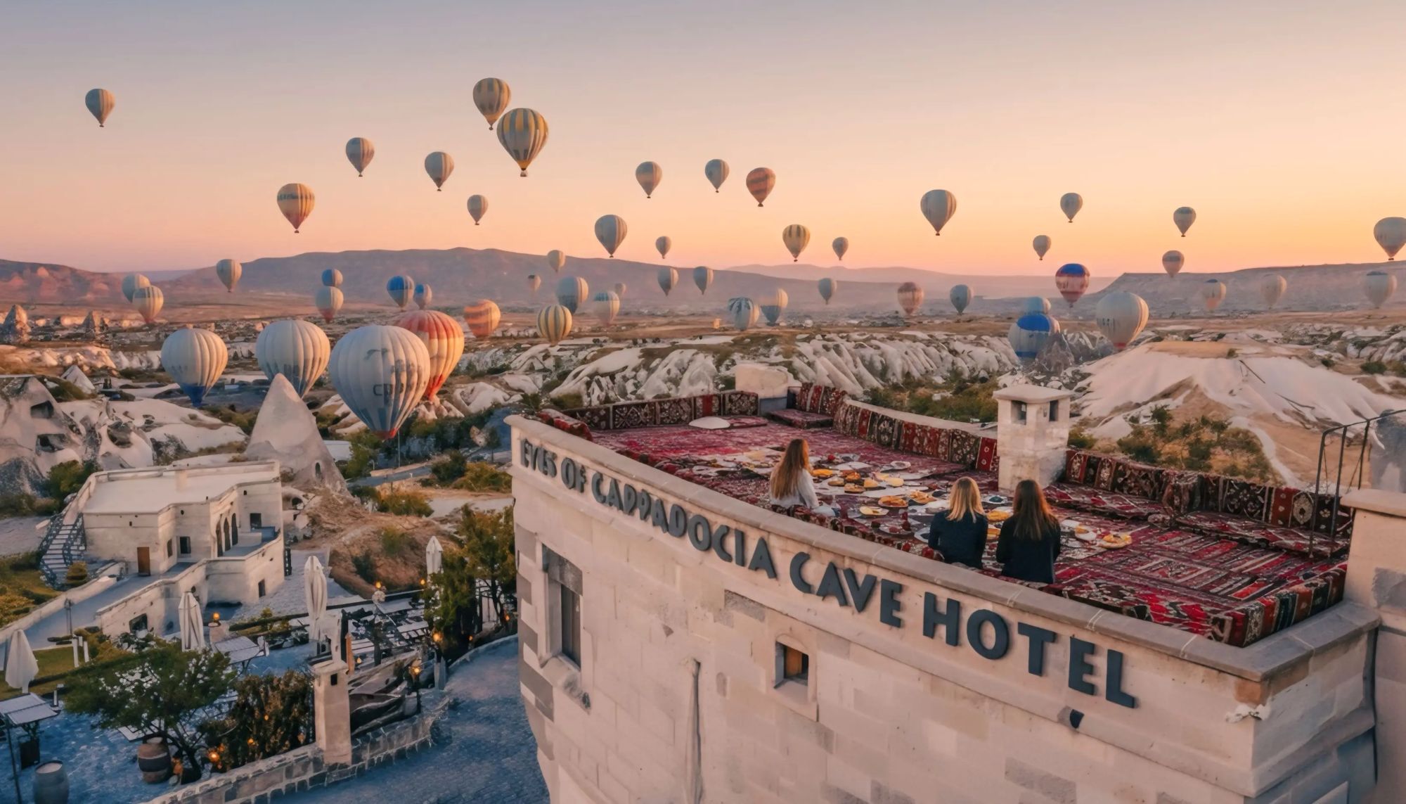 Eyes of Cappadocia Uçhisar terrace with traditional köşk seating overlooking Pigeon Valley and hot air balloons at sunrise