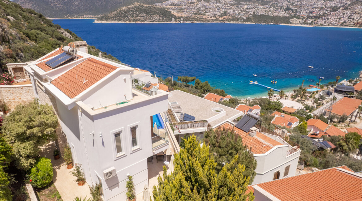 Aerial view of Villa Cennet Koy in Kisla Kalkan overlooking the bay and harbour
