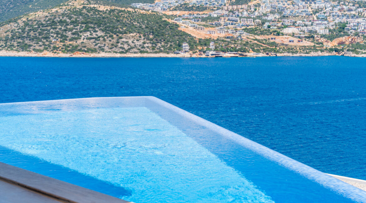 Beautiful sea views over the bay and the infinity pool at Villa Cennet Koy Kalkan