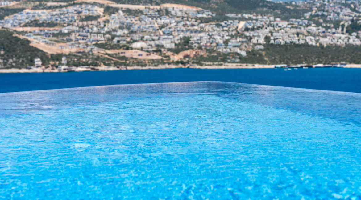 Close-up of infinity pool at Villa Cennet Koy with stunning sea views towards kalkan harbour