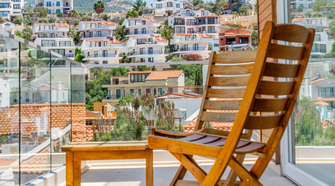 Private balcony at Villa Cennet Koy Kalkan with seating and views over Kisla and the bay