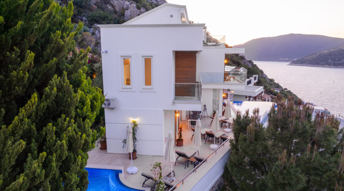 Side view of Villa Cennet Koy Kisla with private pool and views across Kalkan Bay