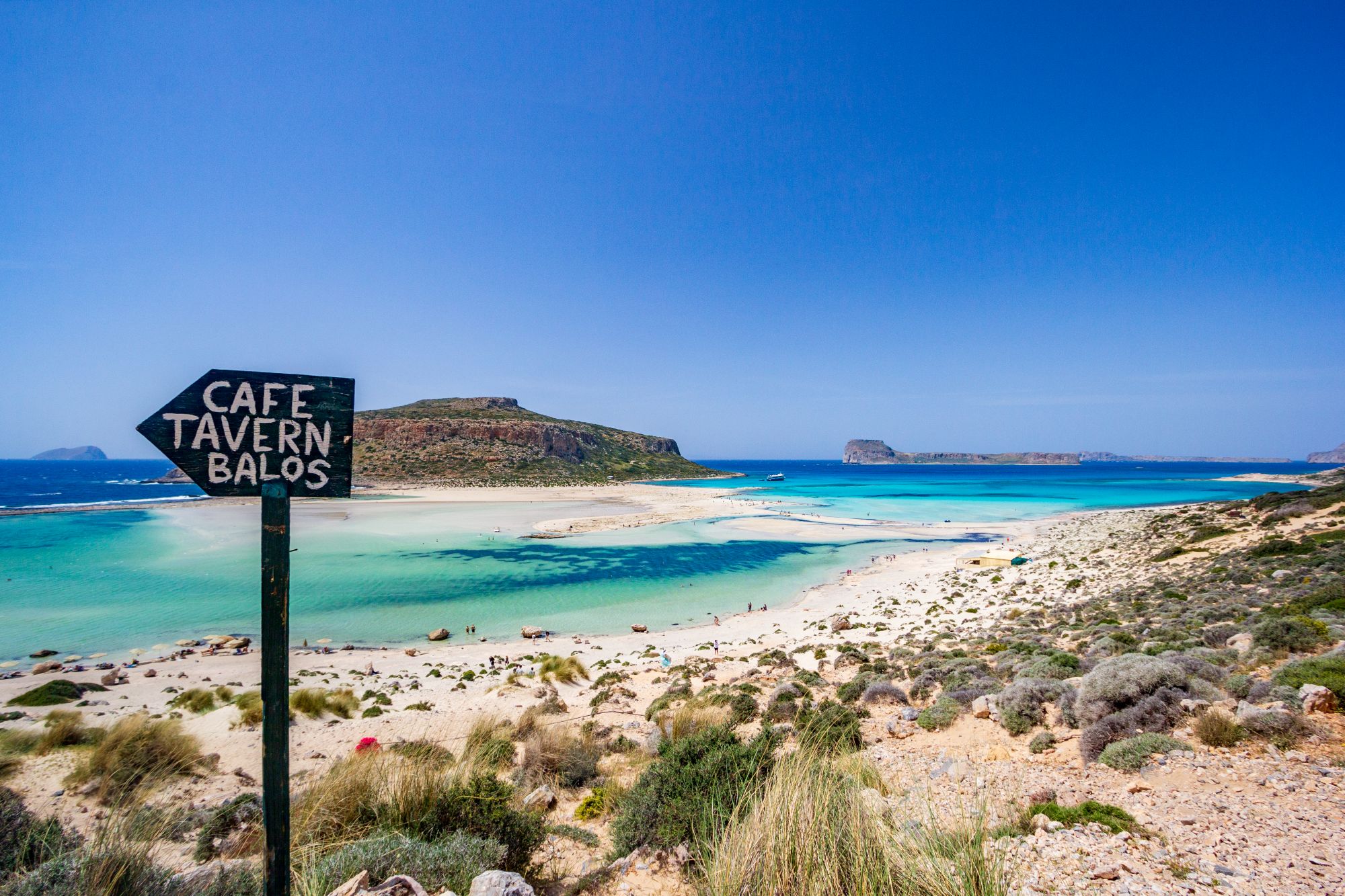 View towards Gramvousa island with lagoon and turquoise waters in Crete