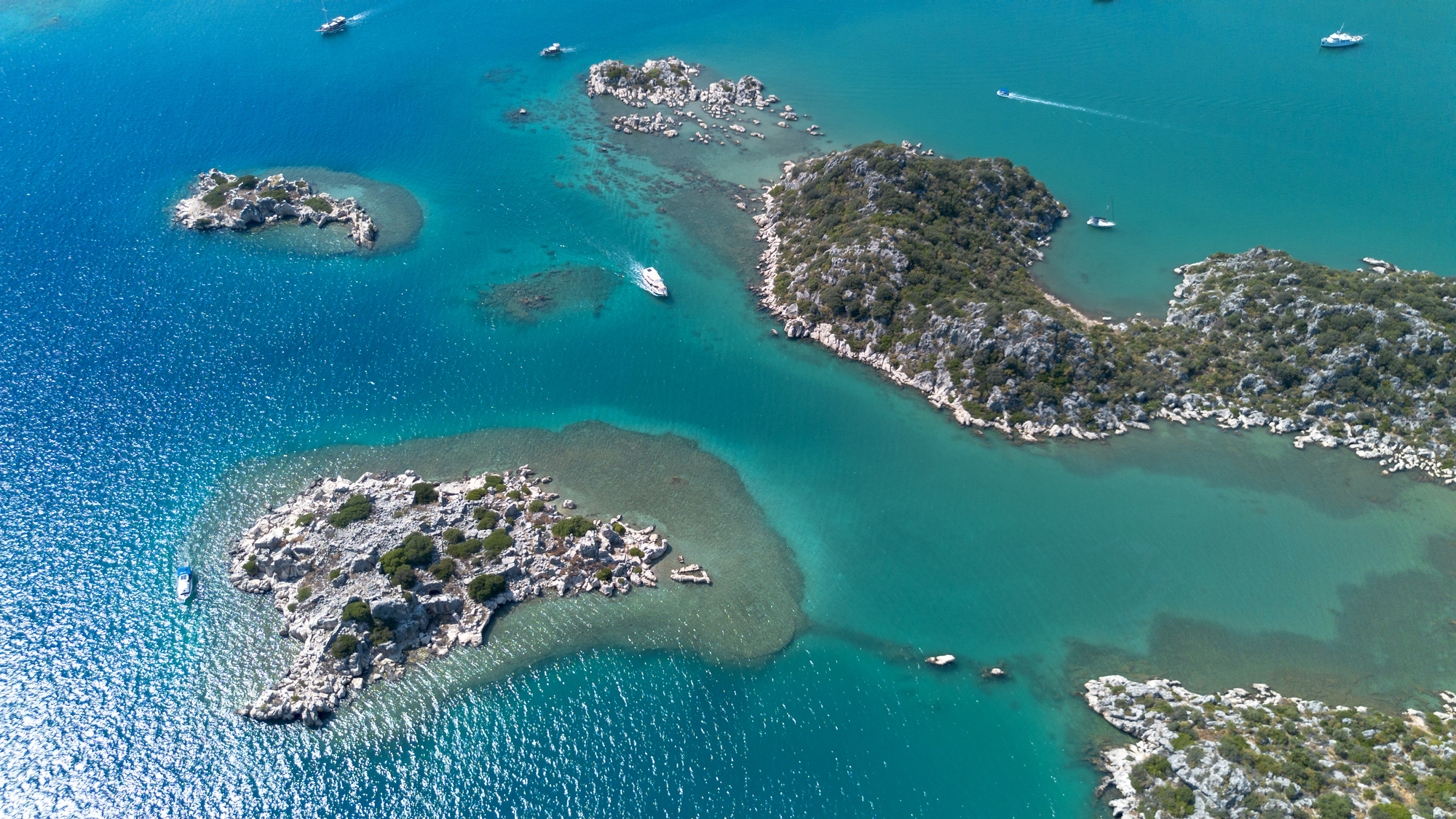 Aerial view of the Kekova region with small islands and clear turquoise water