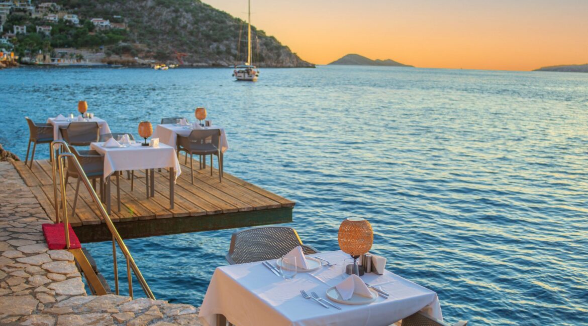 Sunset dining experience at Mahal Beach Club, a leading beach club in Kalkan