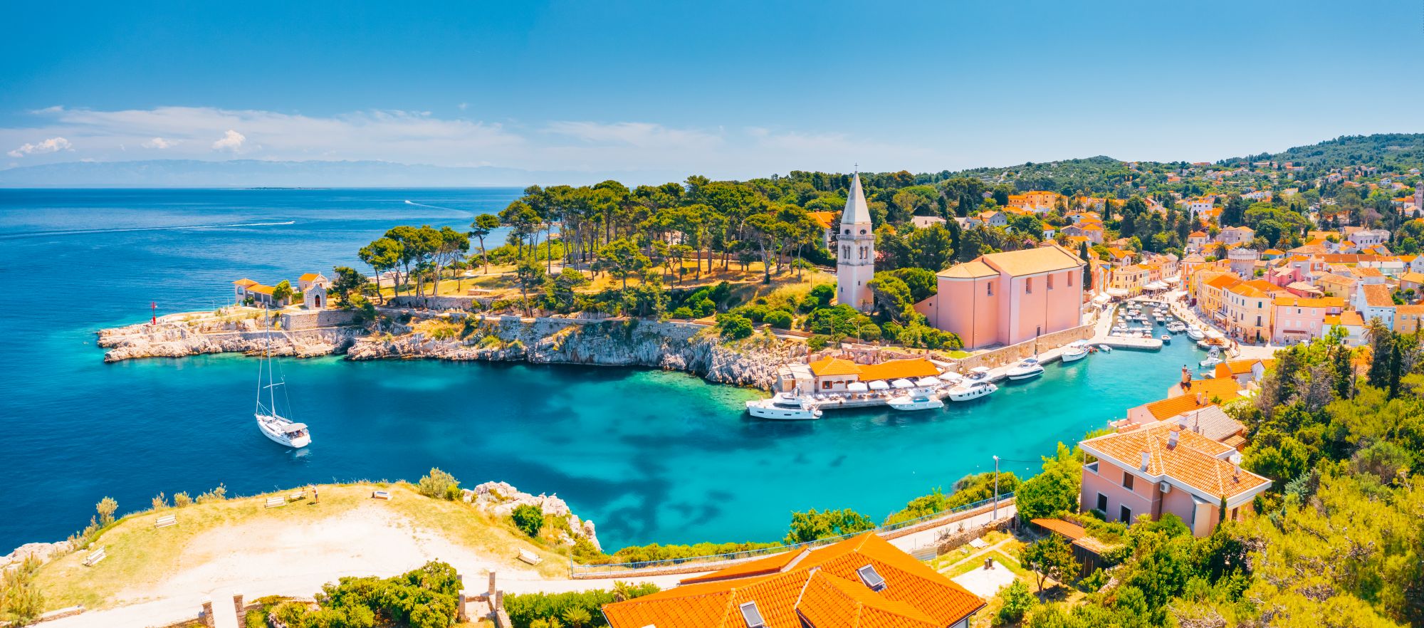 Aerial view of Veli Losinj harbour and turquoise bay, Croatia
