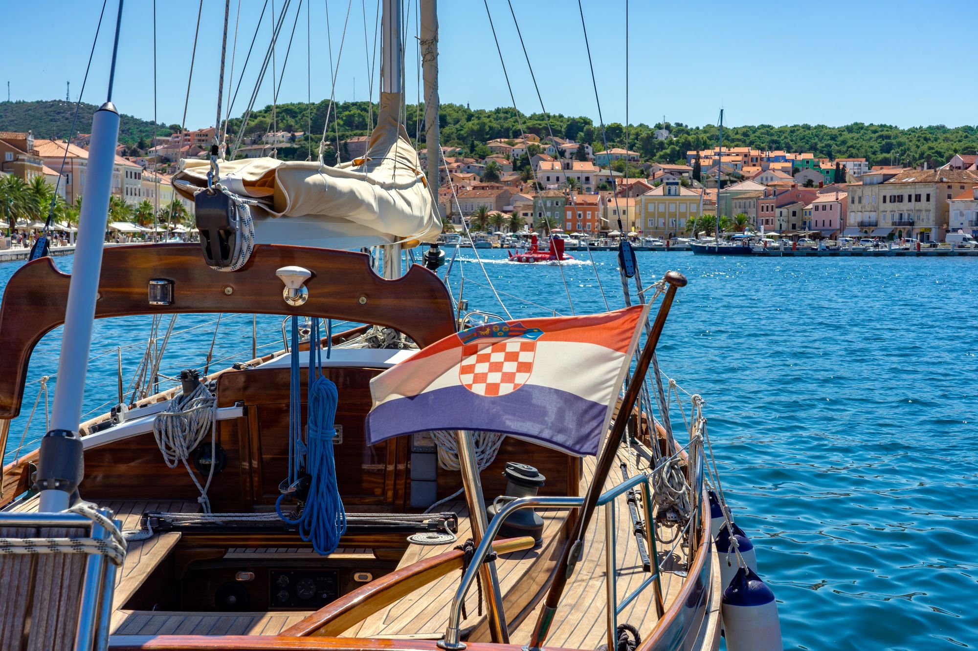 Traditional wooden boat in Mali Losinj harbour marina, Croatia