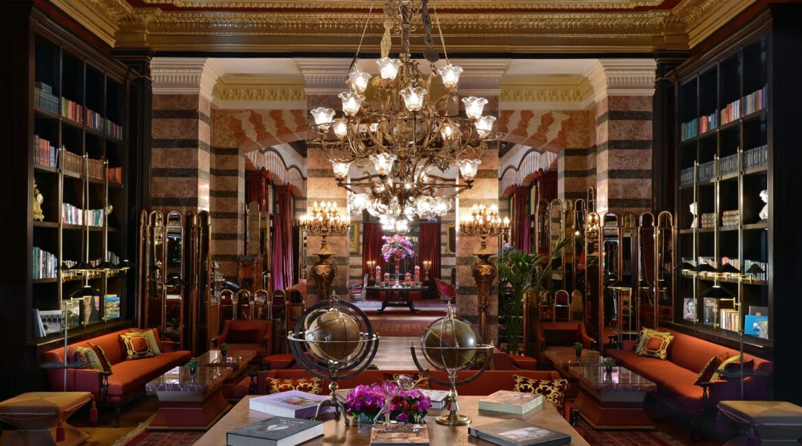 Historic library lounge interior with chandeliers at Pera Palace Hotel Istanbul