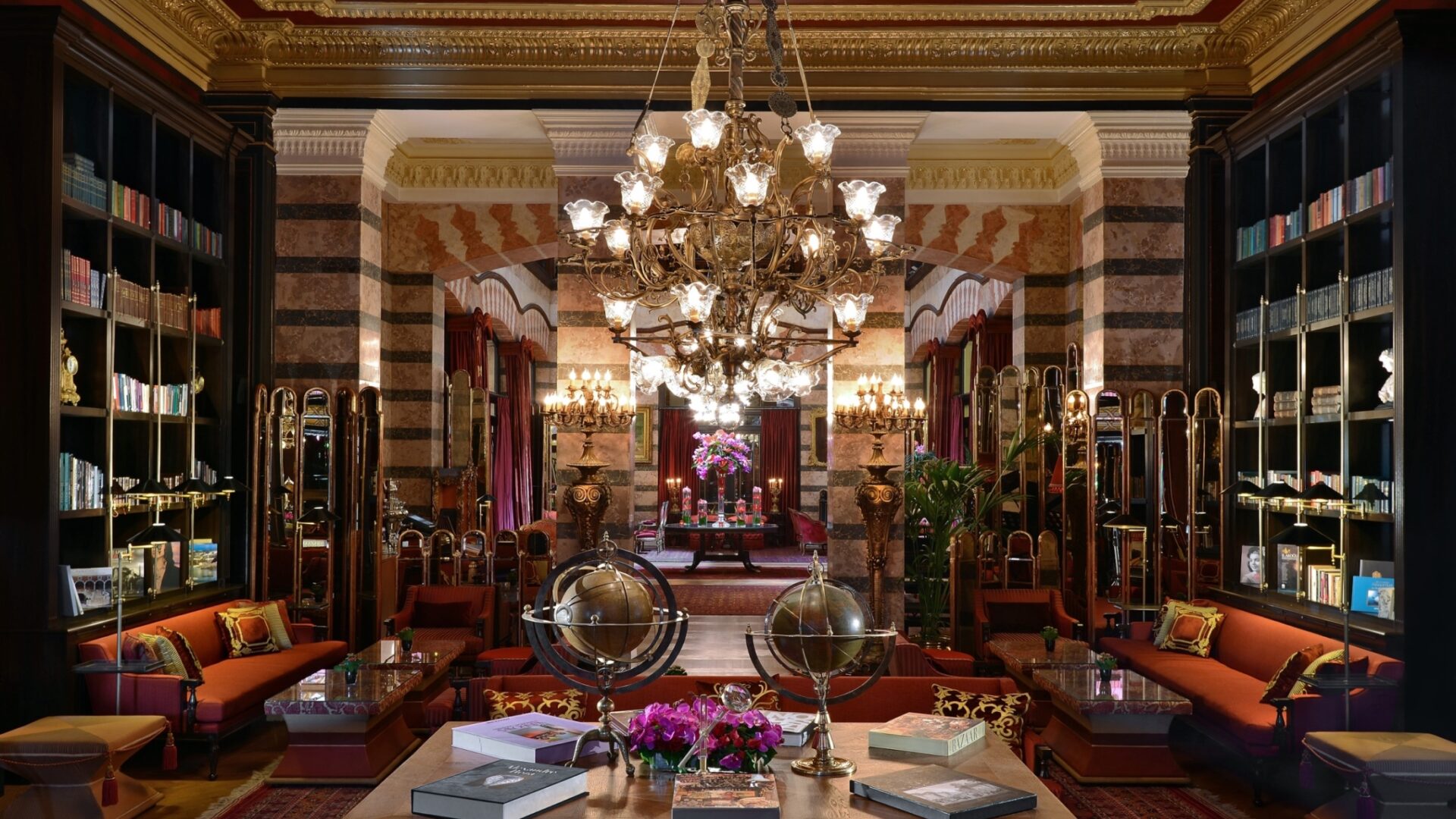 Historic library lounge interior with chandeliers at Pera Palace Hotel Istanbul