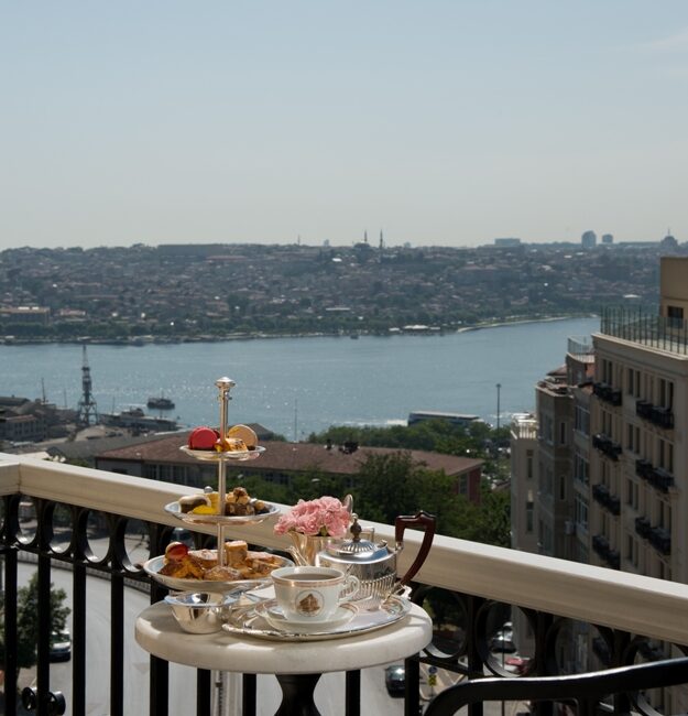 Outdoor seating on balcony overlooking the Golden Horn at Pera Palace Hotel Istanbul