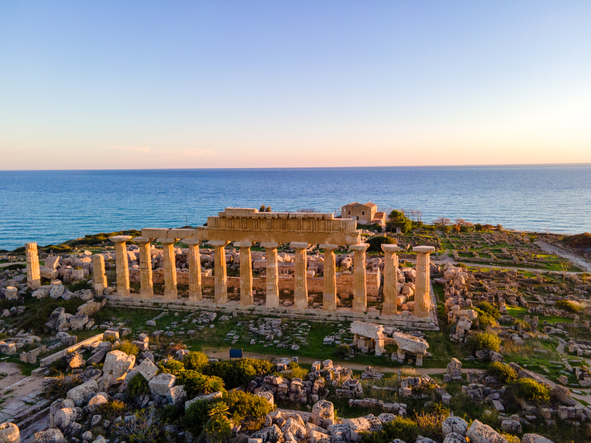 View on sea and ruins of greek columns in Selinunte Archaeological Park