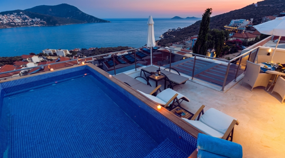 Rooftop private pool with panoramic sea views at Topaz Penthouse Kalkan