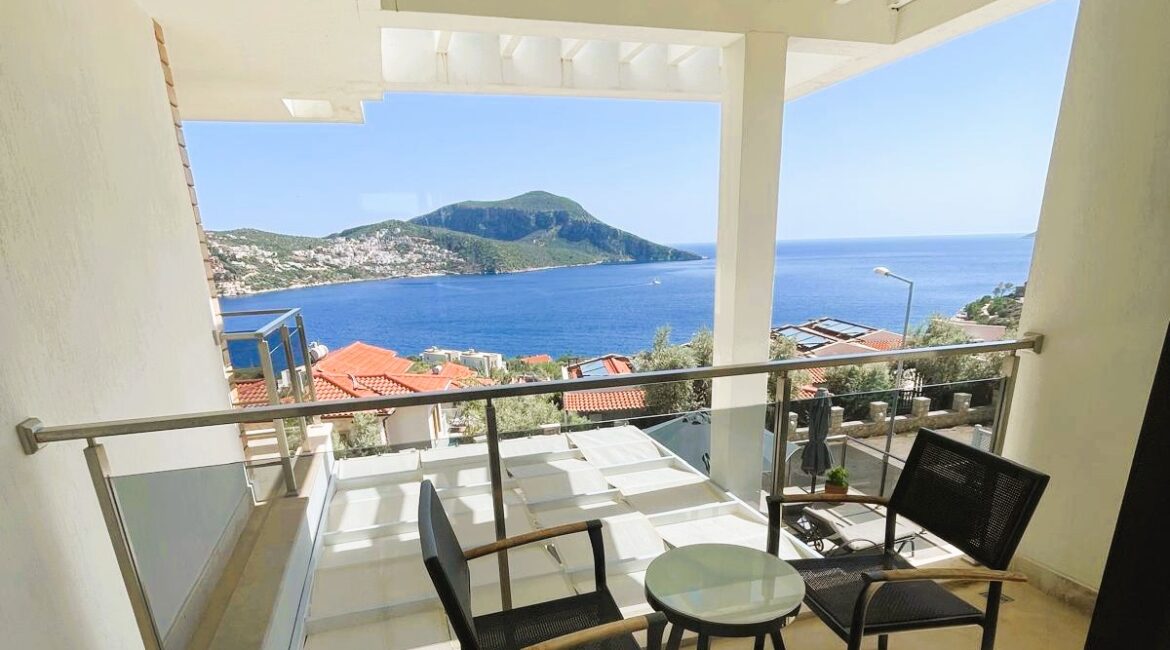 Private sea-view balcony outside the second bedroom at Topaz Penthouse in Kalkan