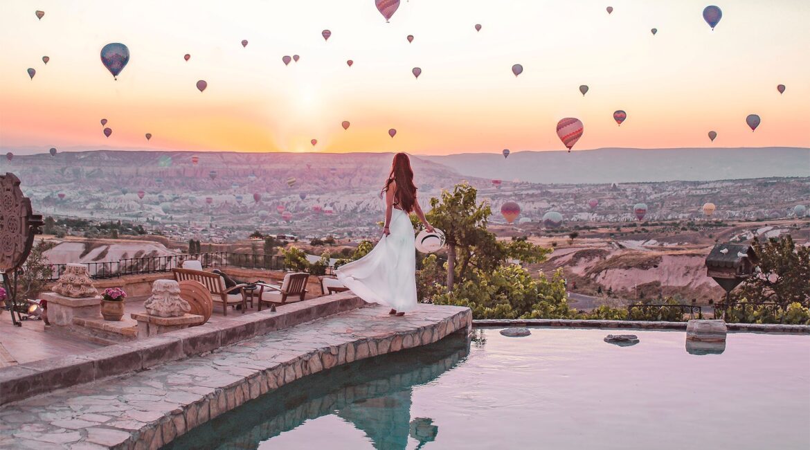 Hot-air balloon sunrise views from Museum Hotel Cappadocia in Uchisar