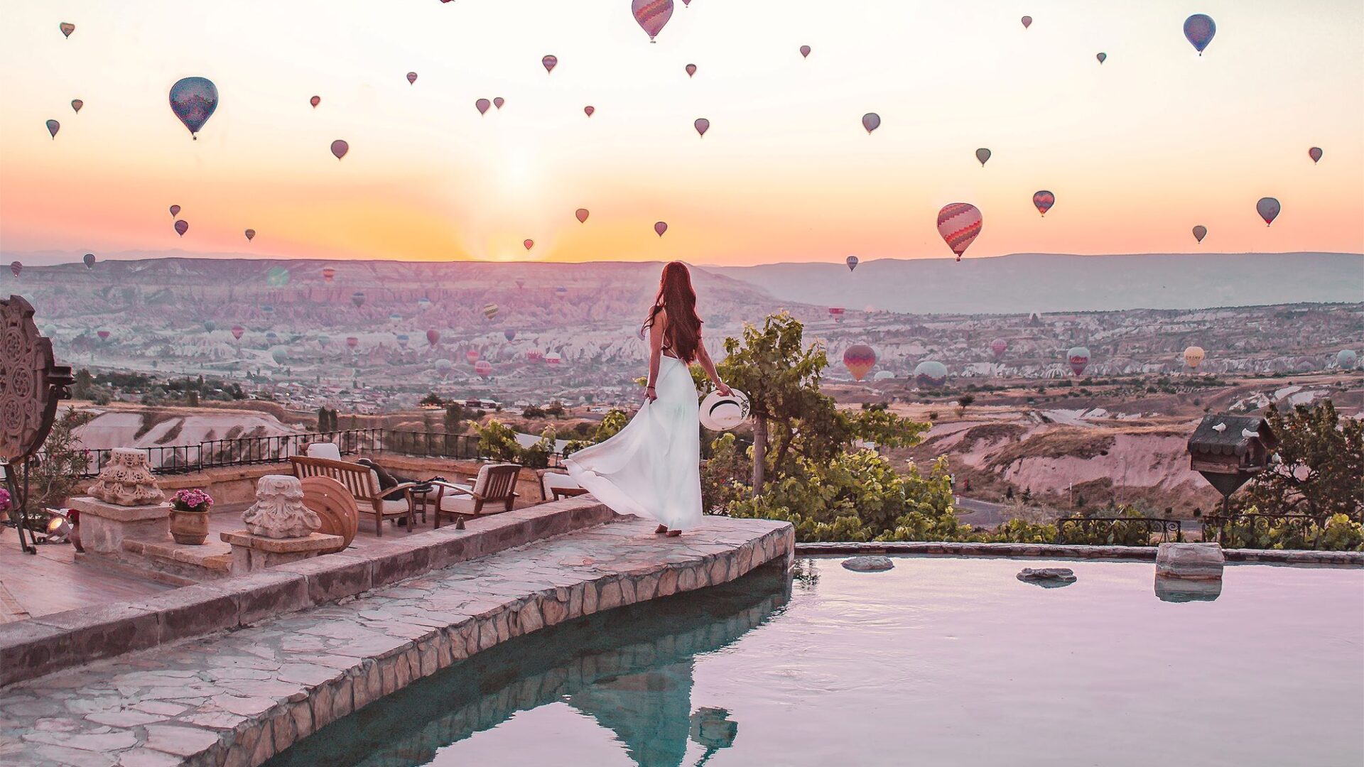 Hot-air balloon sunrise views from Museum Hotel Cappadocia in Uchisar