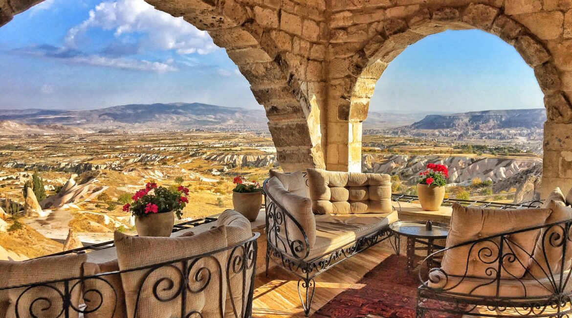 Panoramic terrace views across Cappadocia at Museum Hotel in Uchisar
