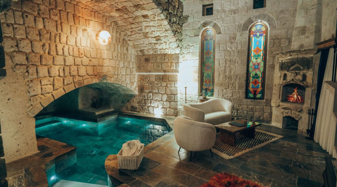 Luxury cave suite bathroom at Museum Hotel Cappadocia with traditional stone interiors