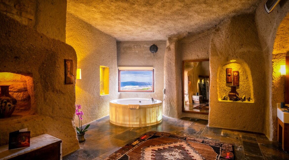 Luxury cave suite interiors at Museum Hotel Cappadocia in Uchisar