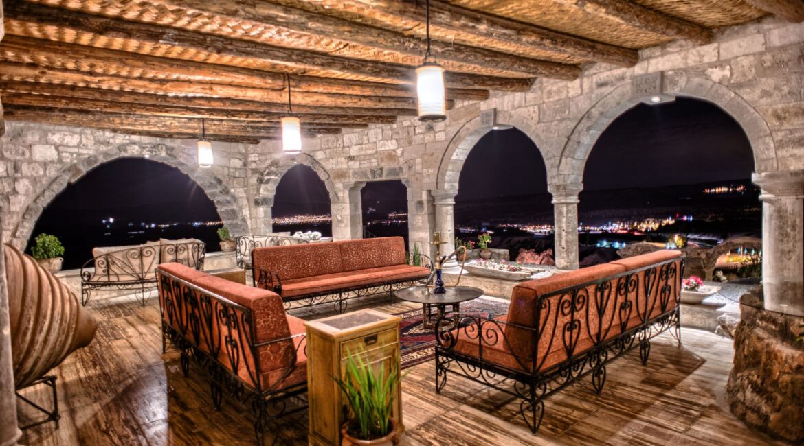 Historic cave lounge terrace at Museum Hotel Cappadocia in Uchisar