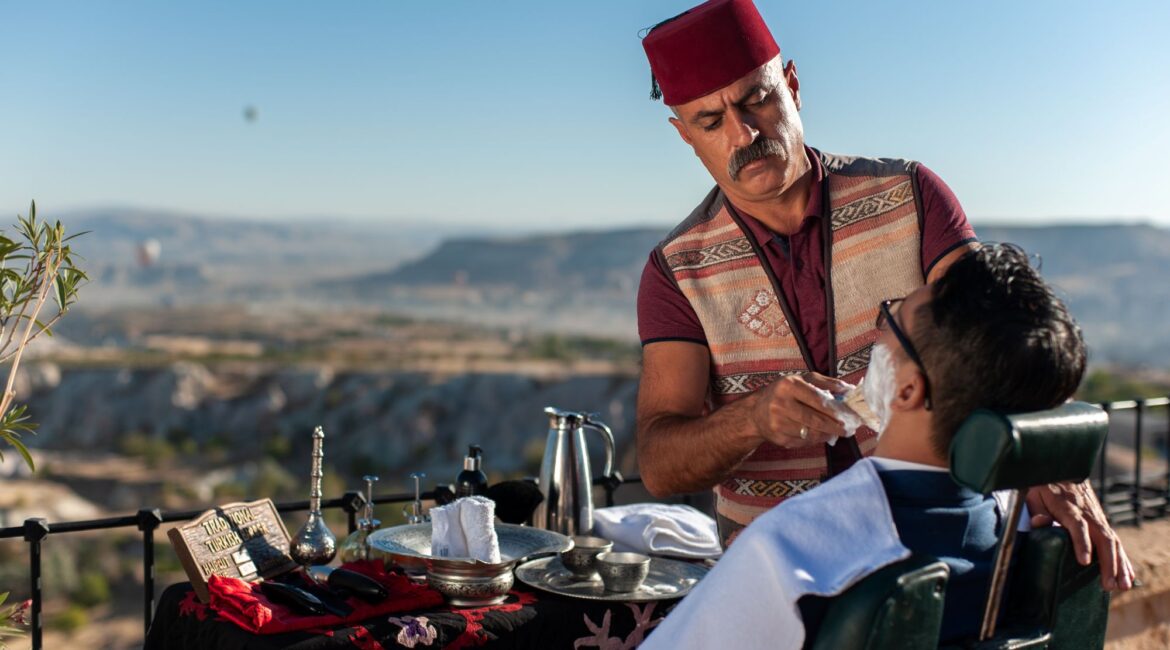 Traditional Turkish barber experience overlooking Cappadocia at Museum Hotel