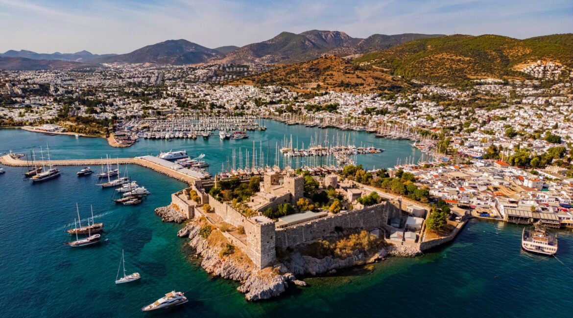 Aerial view of Bodrum Castle, harbour and waterfront