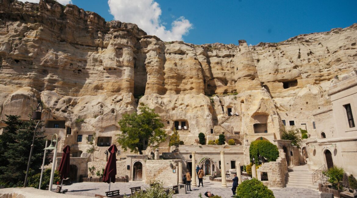 Historic cave dwellings and courtyard at Yunak Evleri Cappadocia