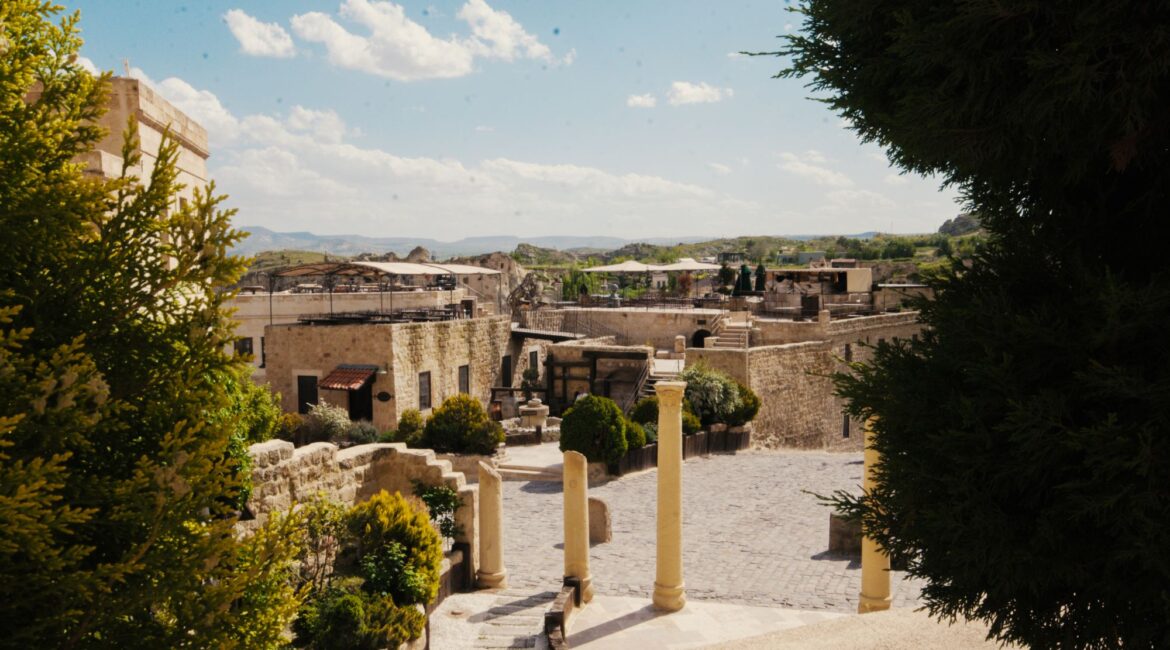 Courtyard view across Yunak Evleri Cave Hotel, Cappadocia