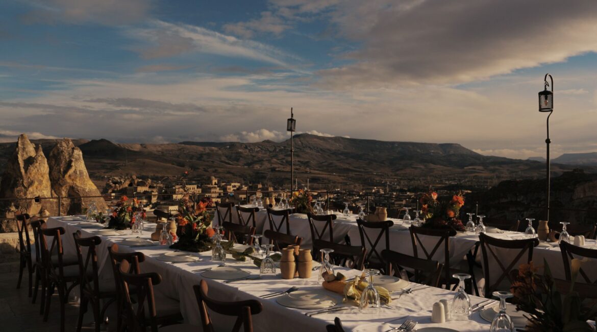 Terrace dining overlooking Cappadocia from Yunak Evleri