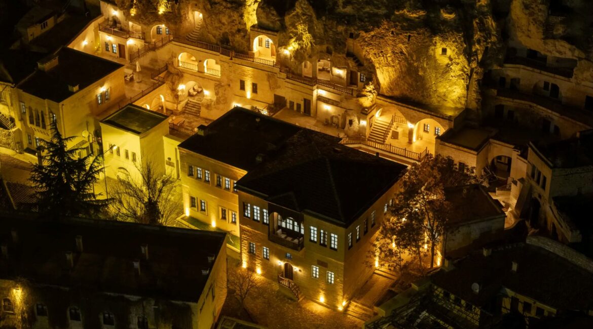 Aerial view of Asmali Konak Cave Suites, historic cave hotel in Urgup, Cappadocia