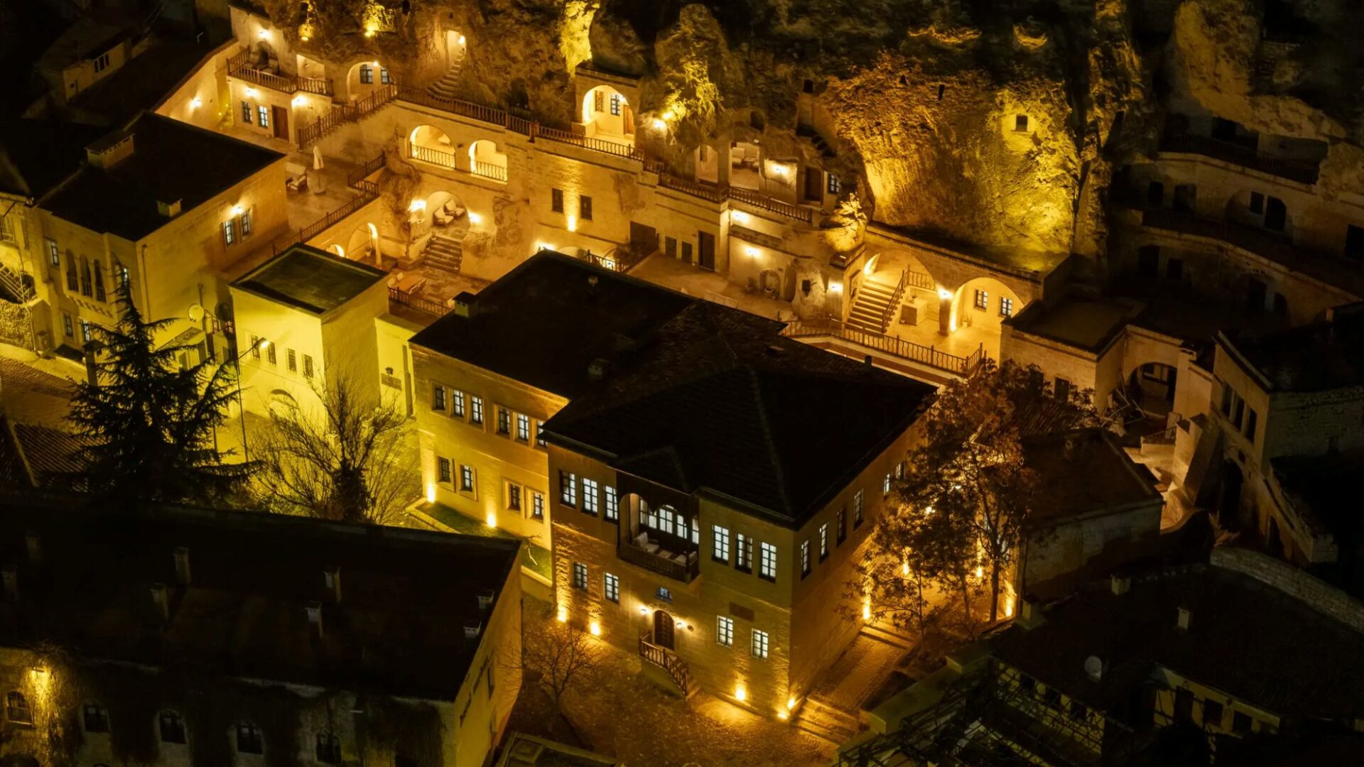 Aerial view of Asmali Konak Cave Suites, historic cave hotel in Urgup, Cappadocia