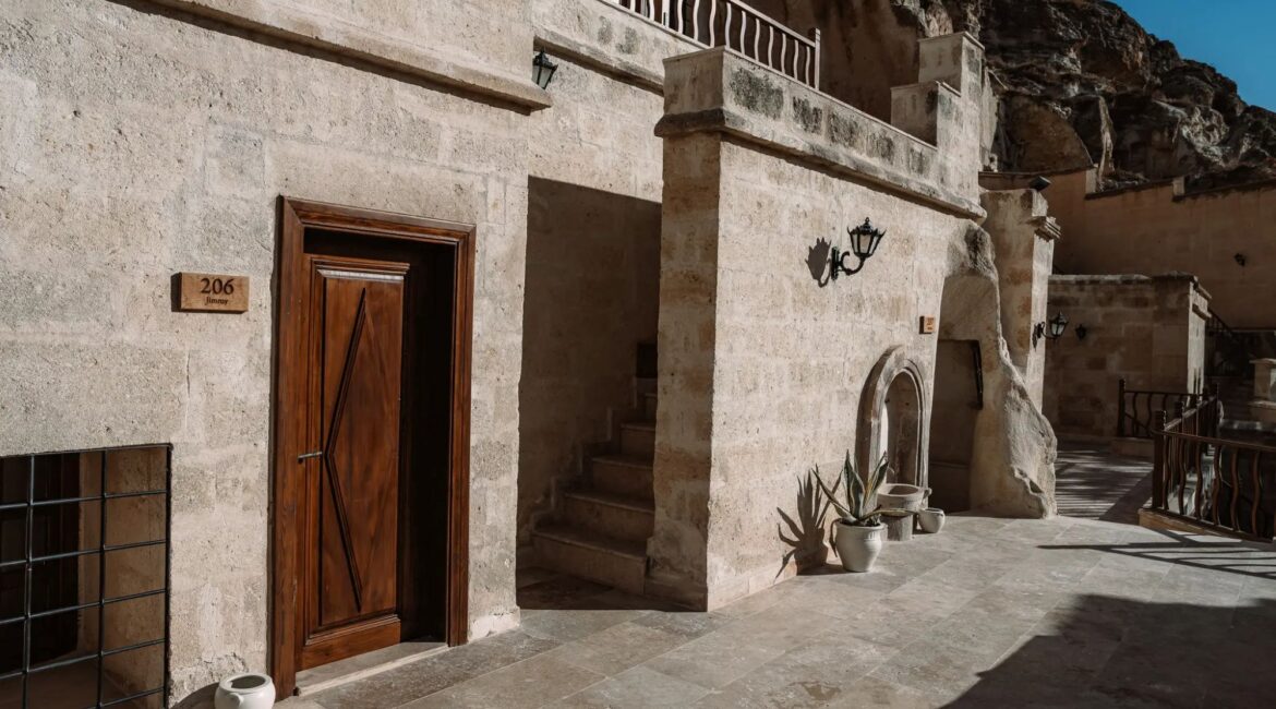 Traditional cave room entrance at Asmali Konak Cave Suites, Urgup, Cappadocia