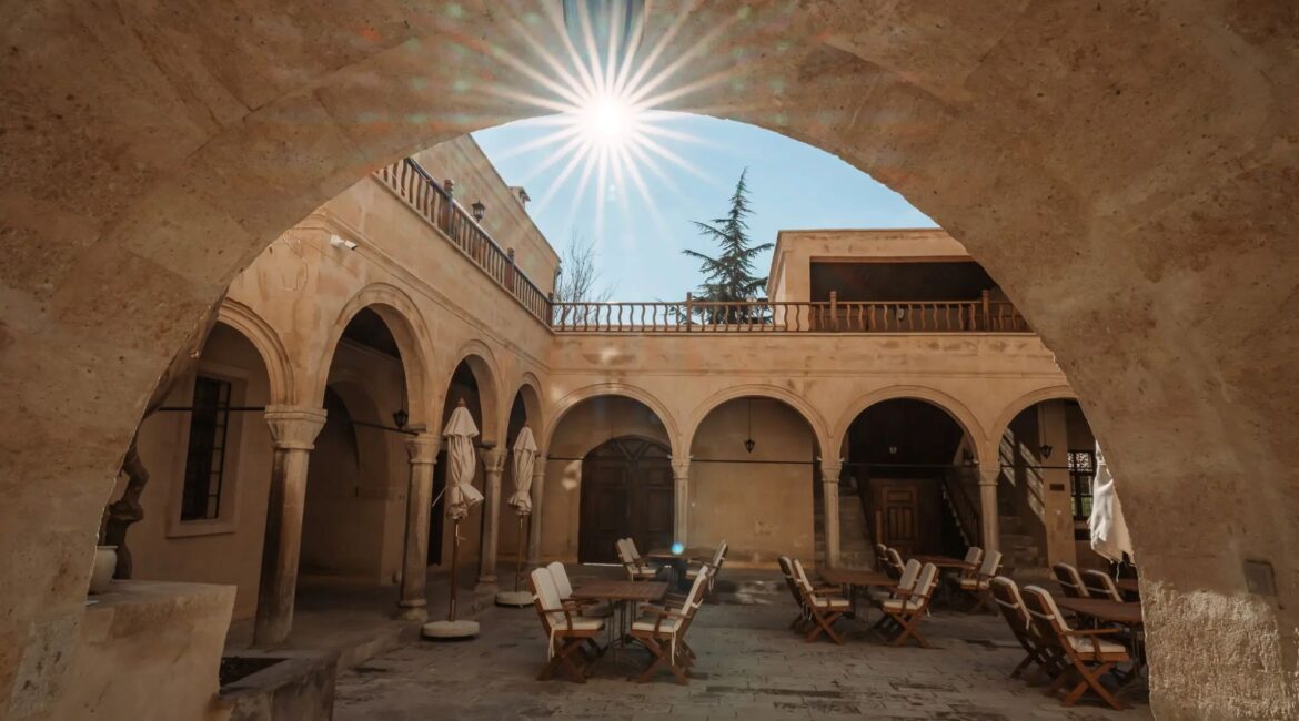 Central courtyard of the historic mansion at Asmali Konak Cave Suites, Urgup, Cappadocia